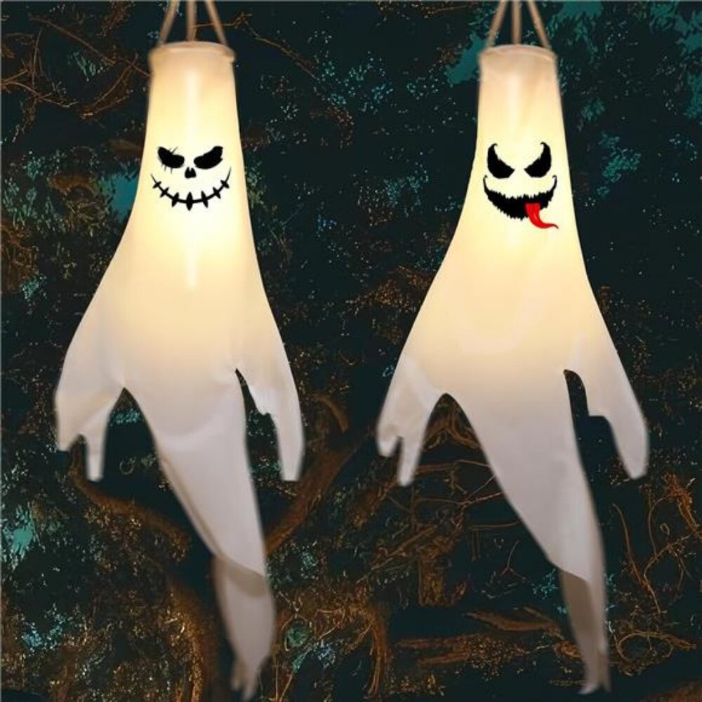 2 Pcs Halloween Ghost Decorations Scary Hanging Ghosts with Timer and LED Lights